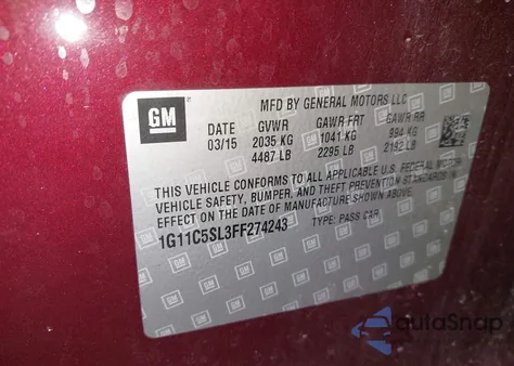 2015 Chevrolet Malibu 1Lt из США, поврежденный, VIN 1G11C5SL3FF274243